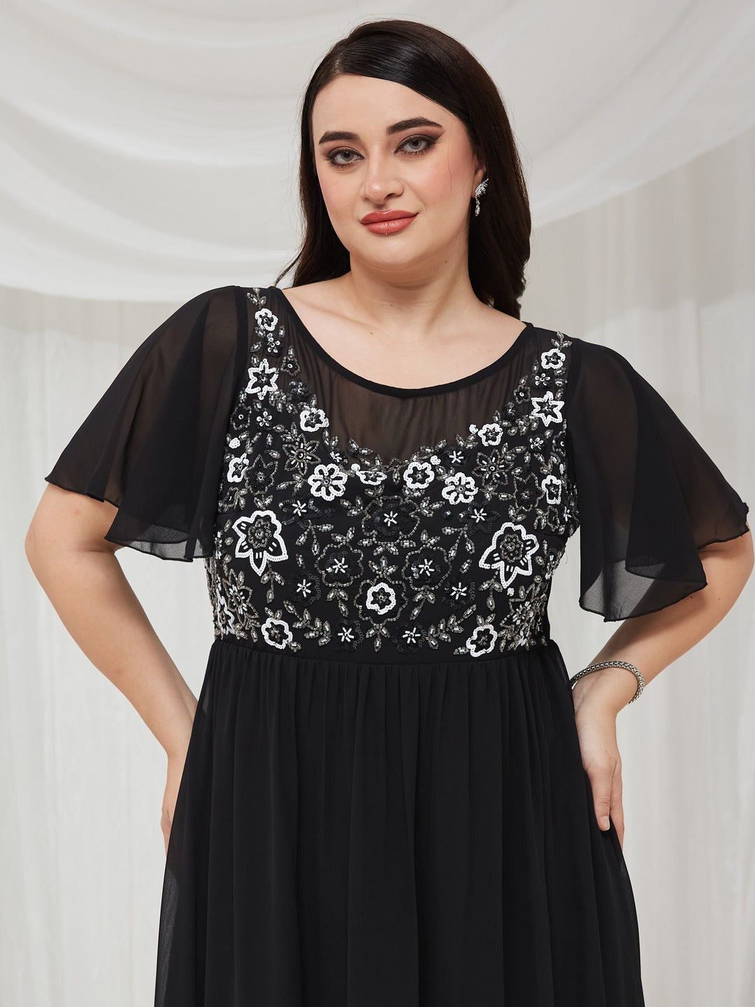 Black Embellished Gathered Maxi Dress for Women — Miss Chase A+