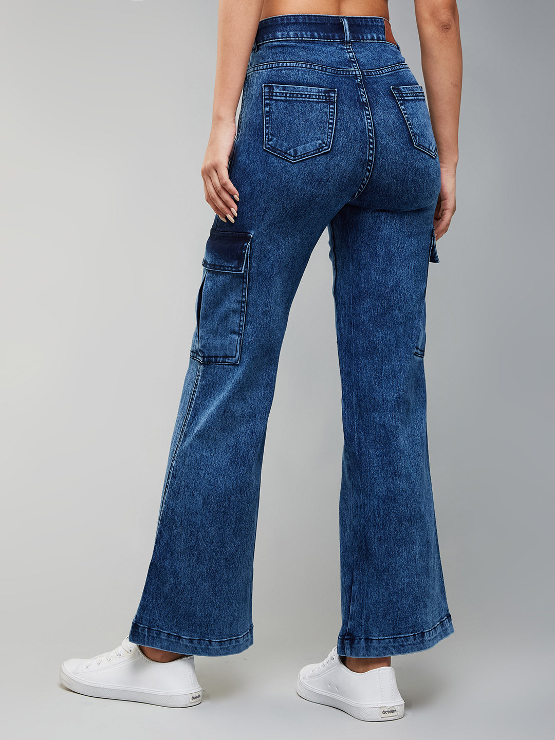 24/7 Comfort Women's Mid Blue Wide-Leg High-Rise Clean-Look Regular-Length Stretchable Denim Cargo Jeans