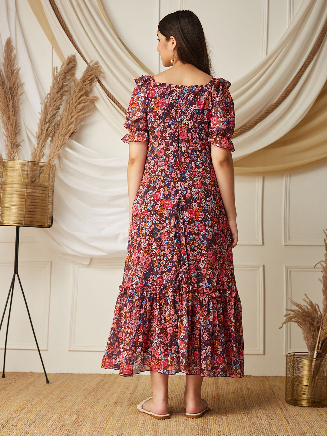 Multicolored-Base-Wine V-Neck Puff Sleeve Floral Ruching Ankle-Length Dress