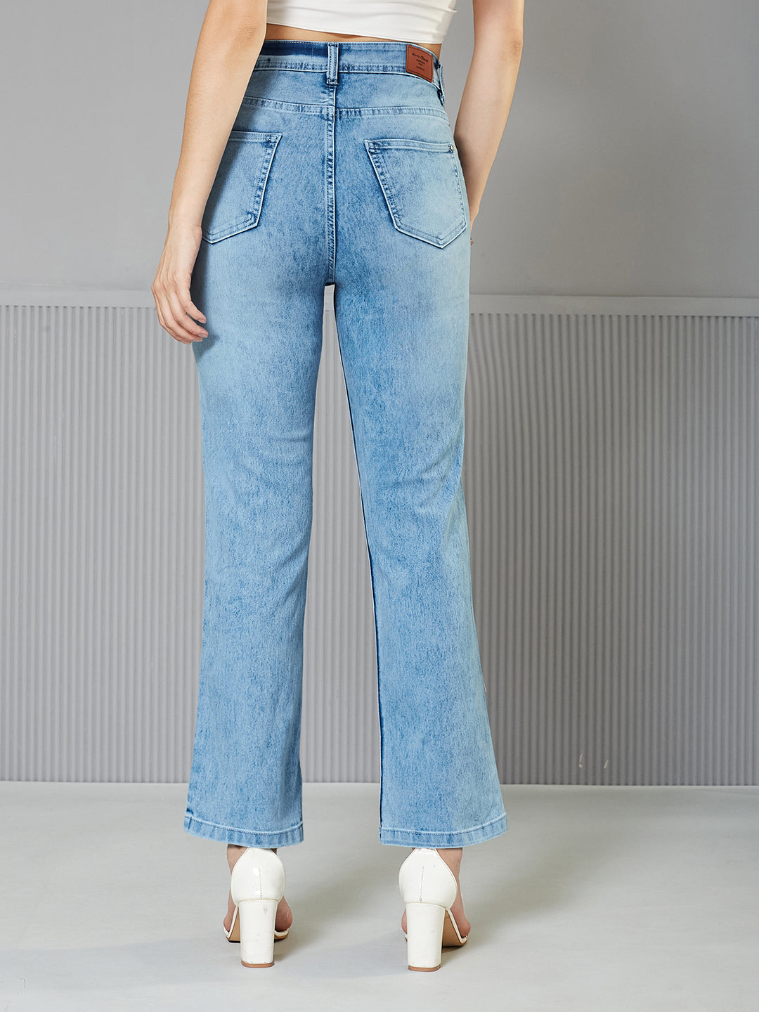 Women's Light Blue Wide-Leg Fit High-Rise clean-look Regular-Length Stretchable Denim Jeans
