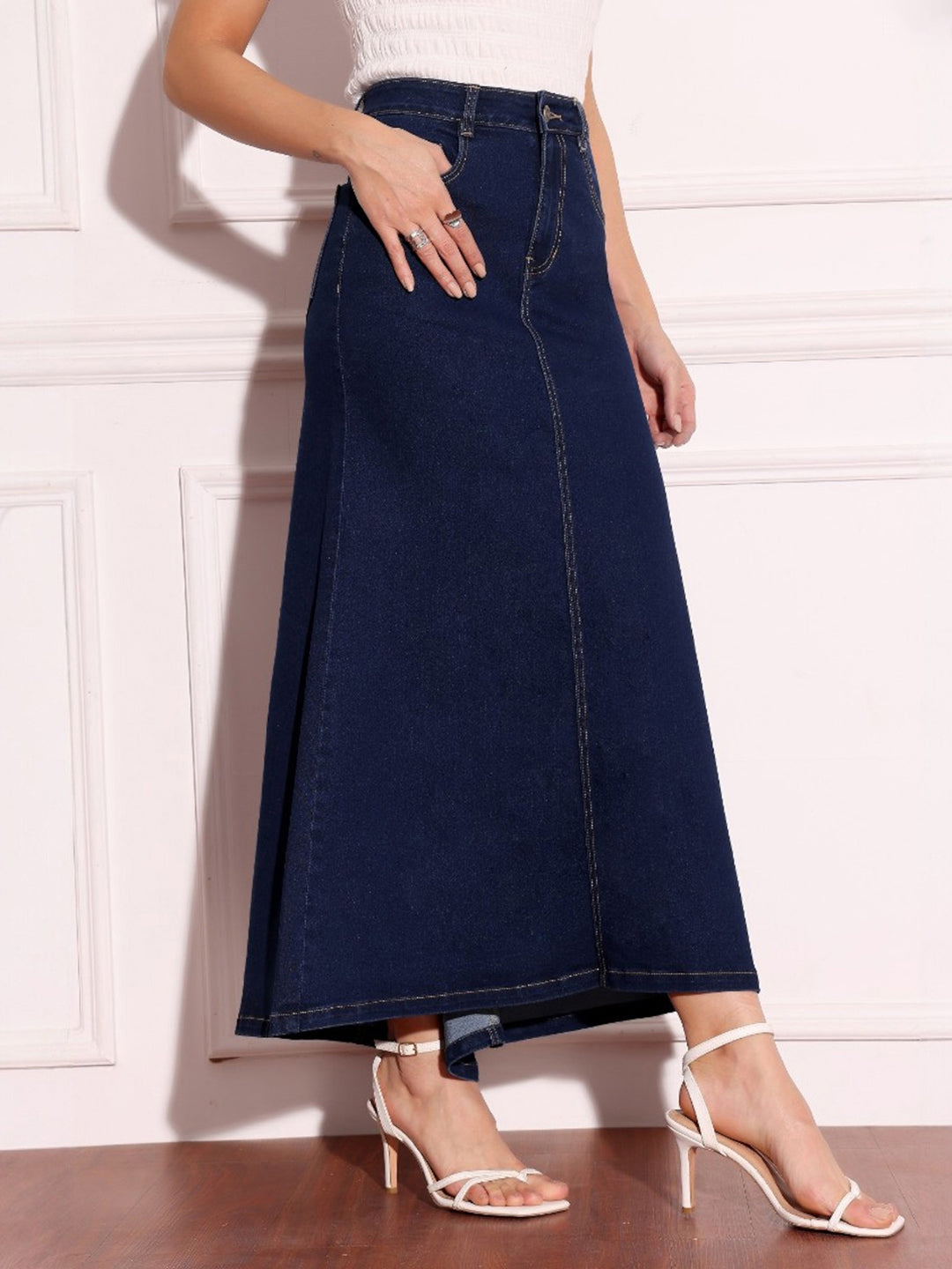 Women's Dark Blue Flared High-Rise Stretchable Denim Maxi Skirt