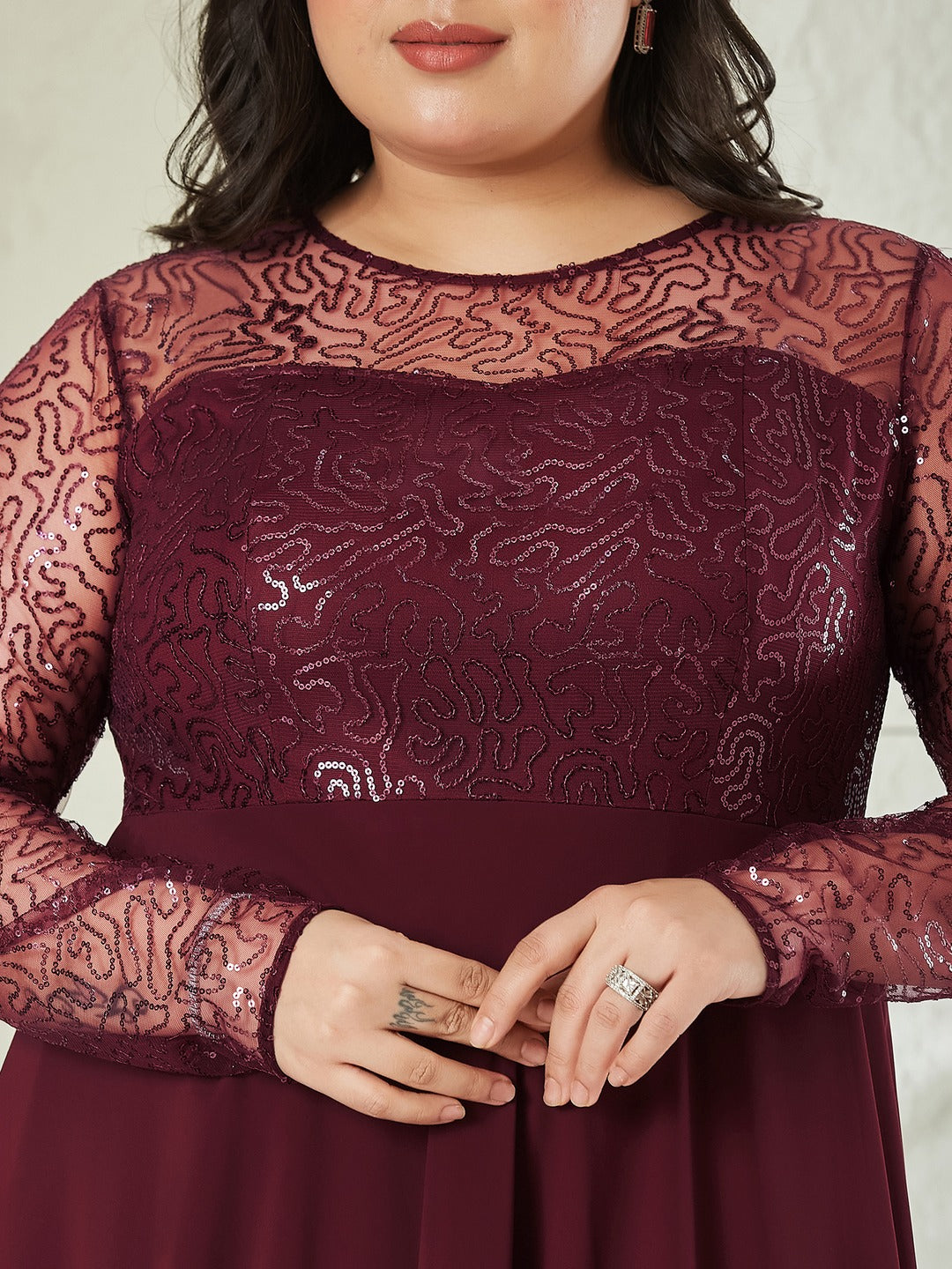 Wine Solid Embellished Maxi Dress for Women