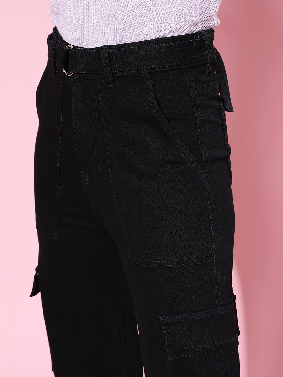 24/7 Comfort Women's Black Wide leg Cargo High rise Clean look Regular Stretchable Denim Jeans