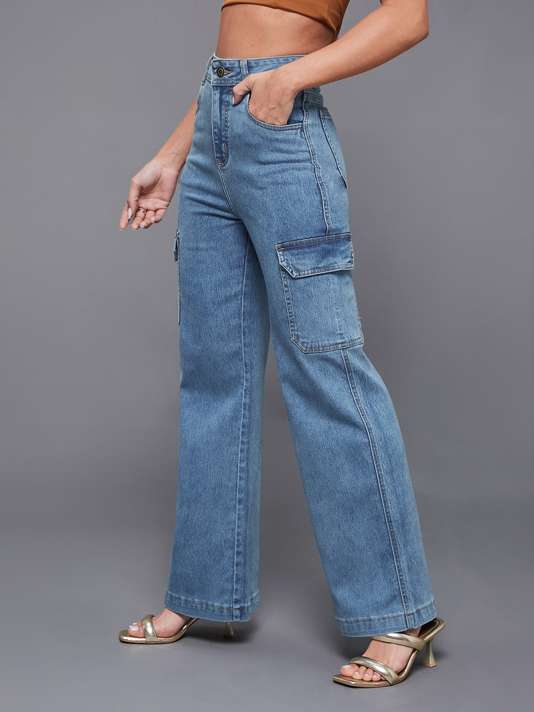 Women's Blue Wide-Leg High-Rise Heavy Wash Regular-Length Stretchable Cargo Denim Jeans