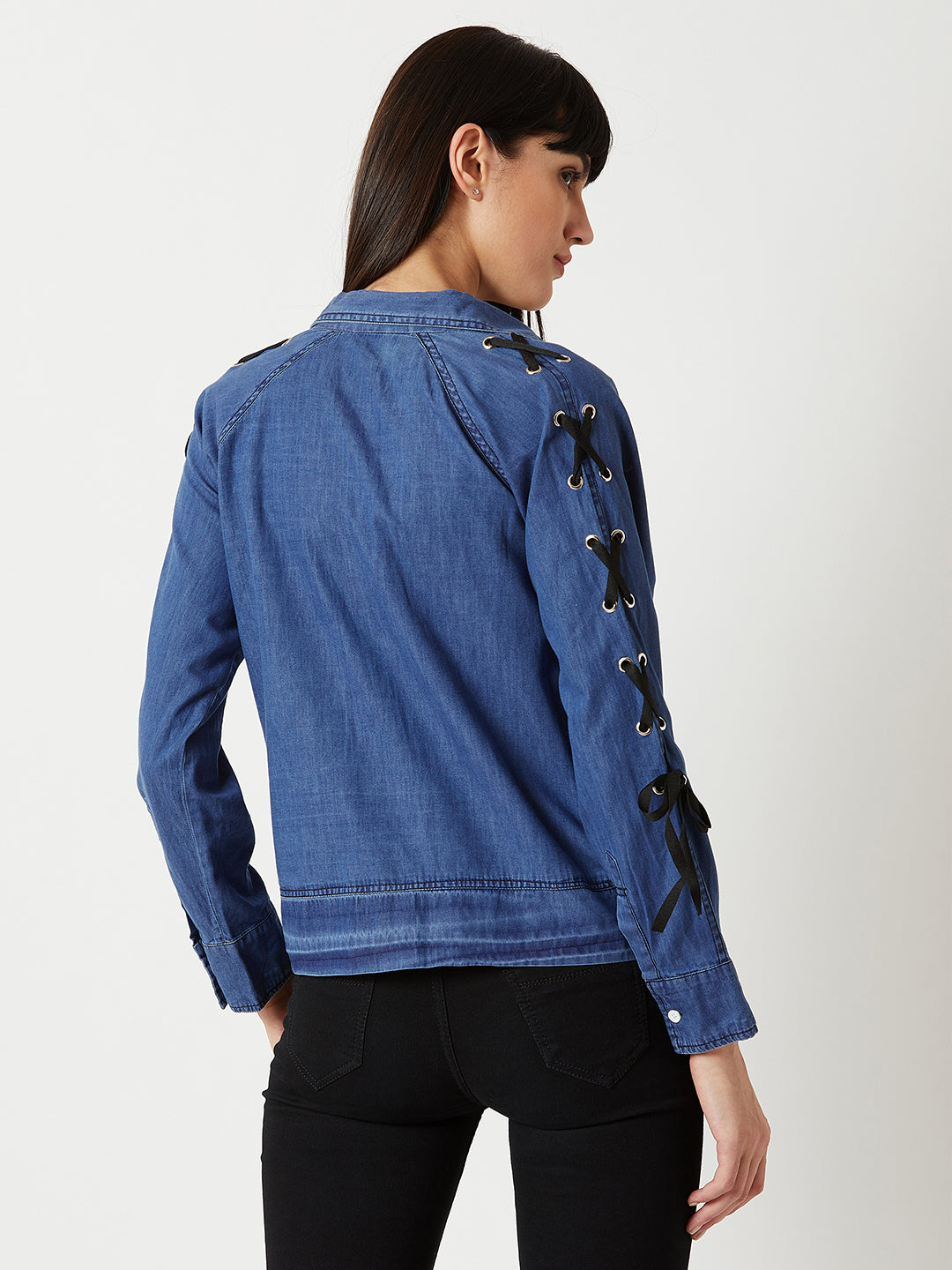 Women's Blue Polo Neck Full Sleeve Buttoned Eyelet And Twill Tape Detailing Solid Bomber Denim Jacket