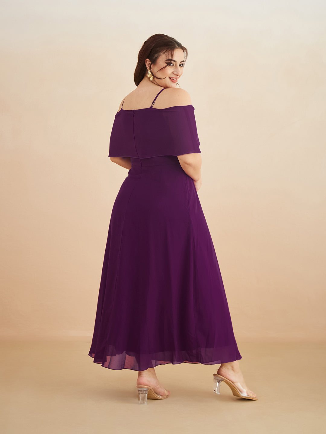 Purple Bardot Style Sleeveless Spaghetti Strap Solid Off Shoulder Midi Skater Dress for Women — Miss Chase A+