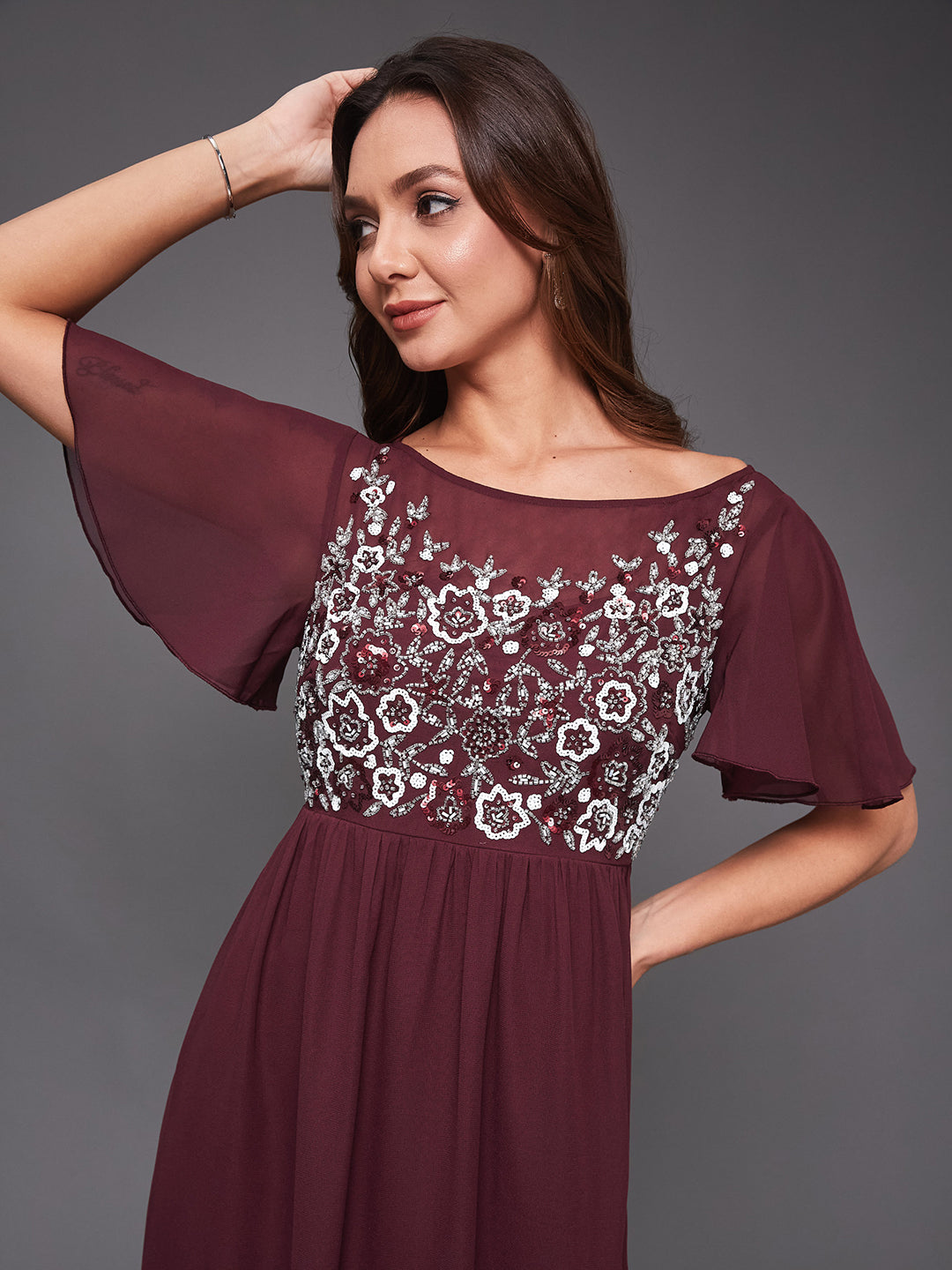 Women's Wine Boat Neck Half Sleeve Solid Embellished Georgette Maxi Dress