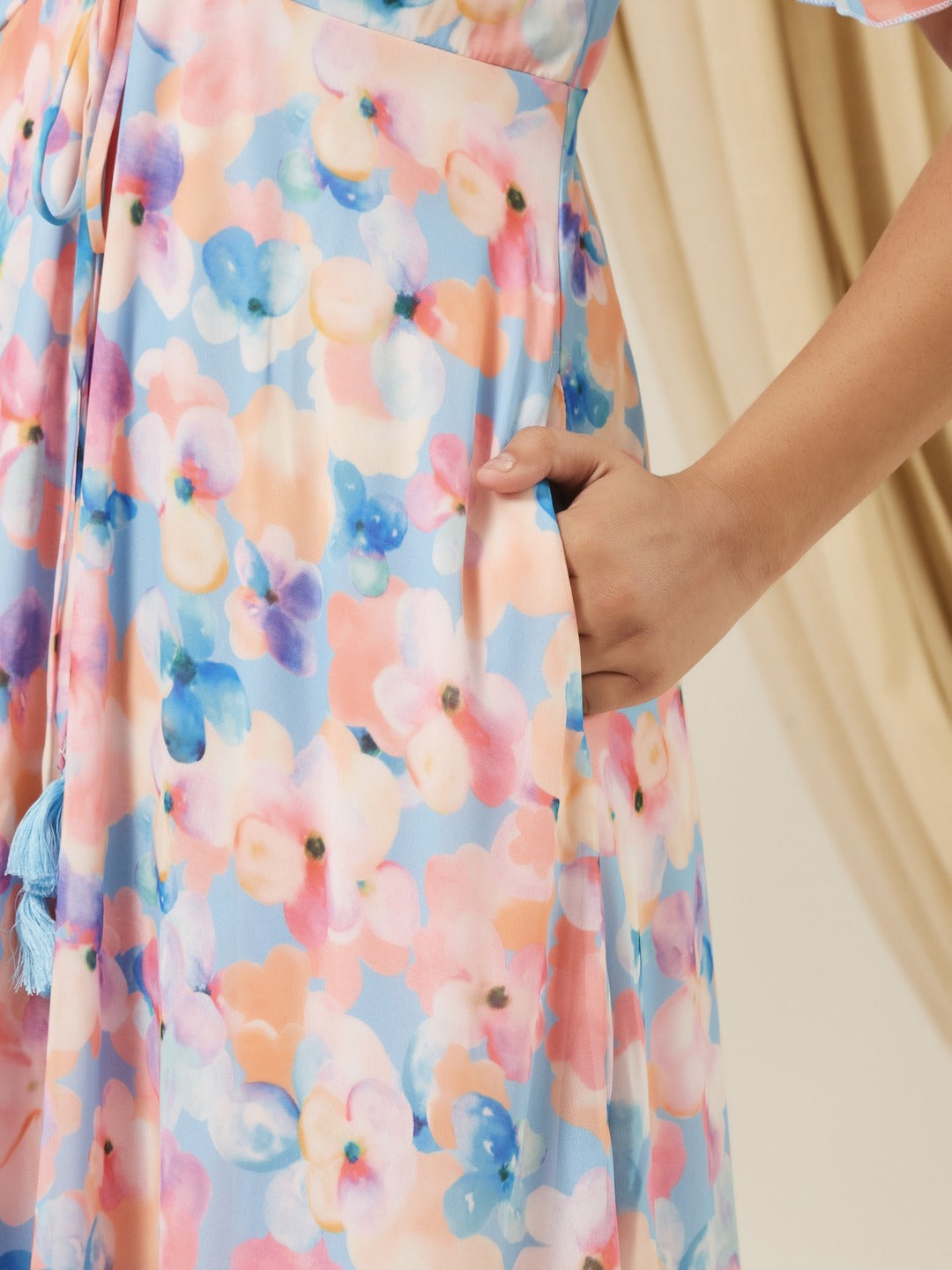 Sky Blue V-Neck Puff Sleeve Floral Ruching Ankle-Length Dress for Girls/Teenagers