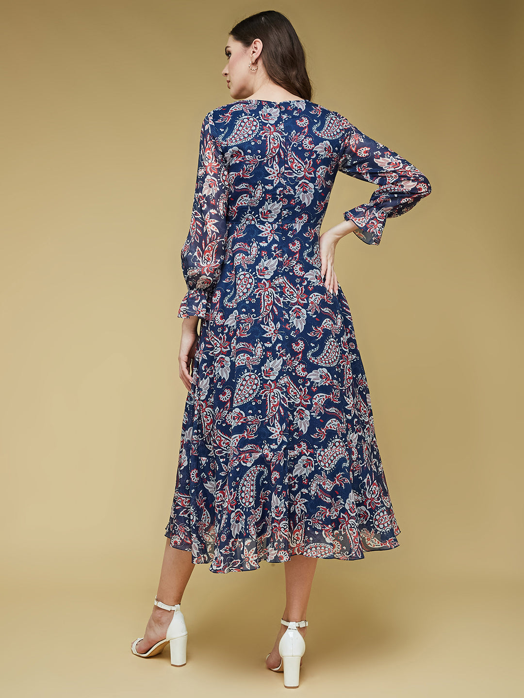 Women's Multicolored-Base-Navy Blue V Neck Full Sleeves Polyester Relaxed Fit Midi Length Dress