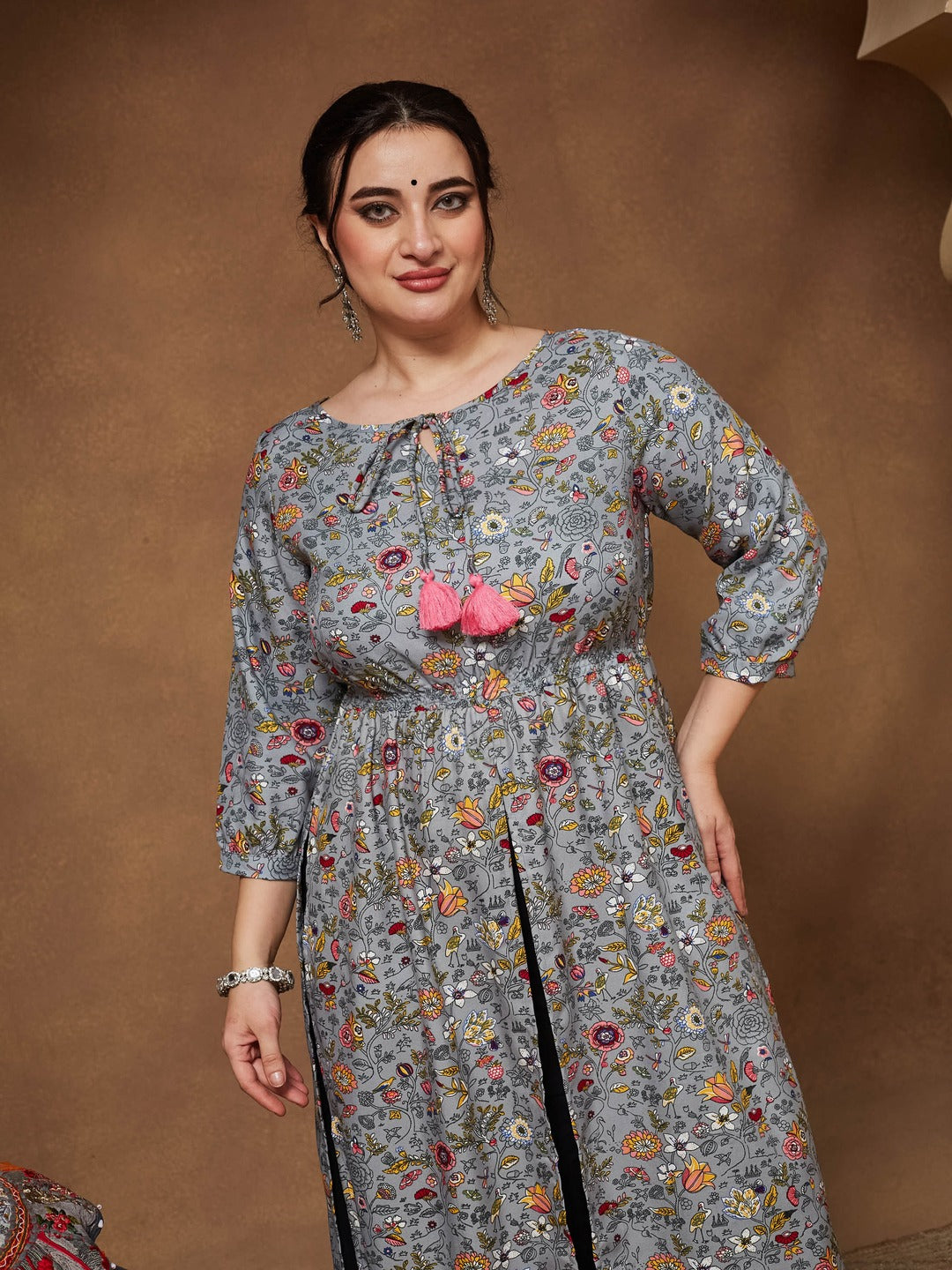 Grey Round neck 3/4th Sleeve Floral Elasticated Maxi Top for Women — Miss Chase A+