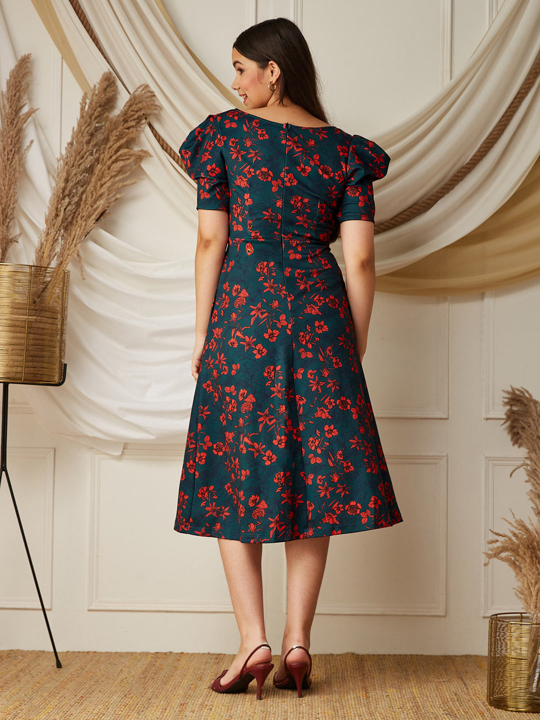 Multicolored-Base-Teal V-neck Puff Sleeve Floral Wrap Midi Dress