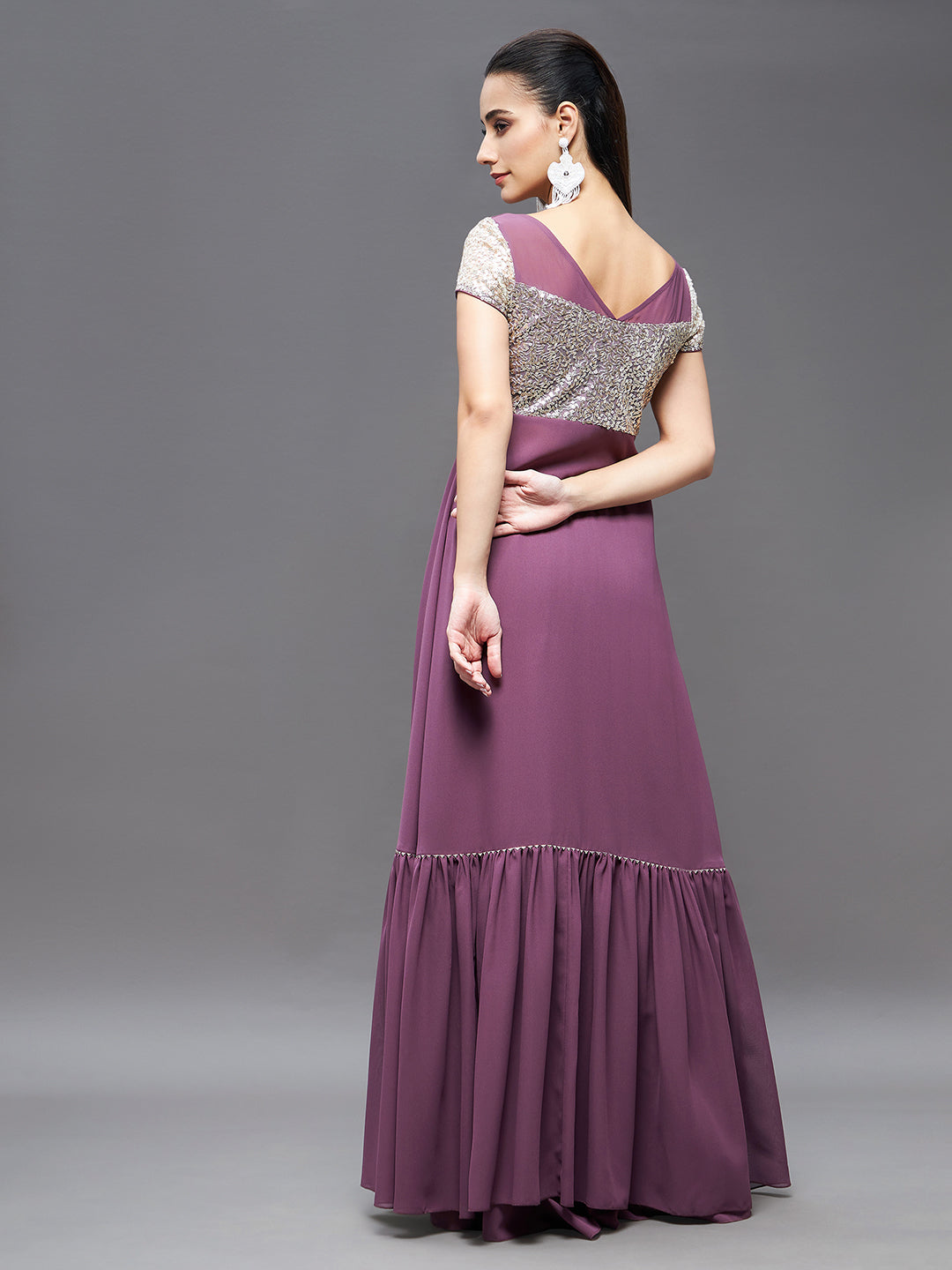 Women's Mauve Embellished Square Neck Short Sleeves Waist Band Pocketed Tiered Maxi Co-Ord Set.