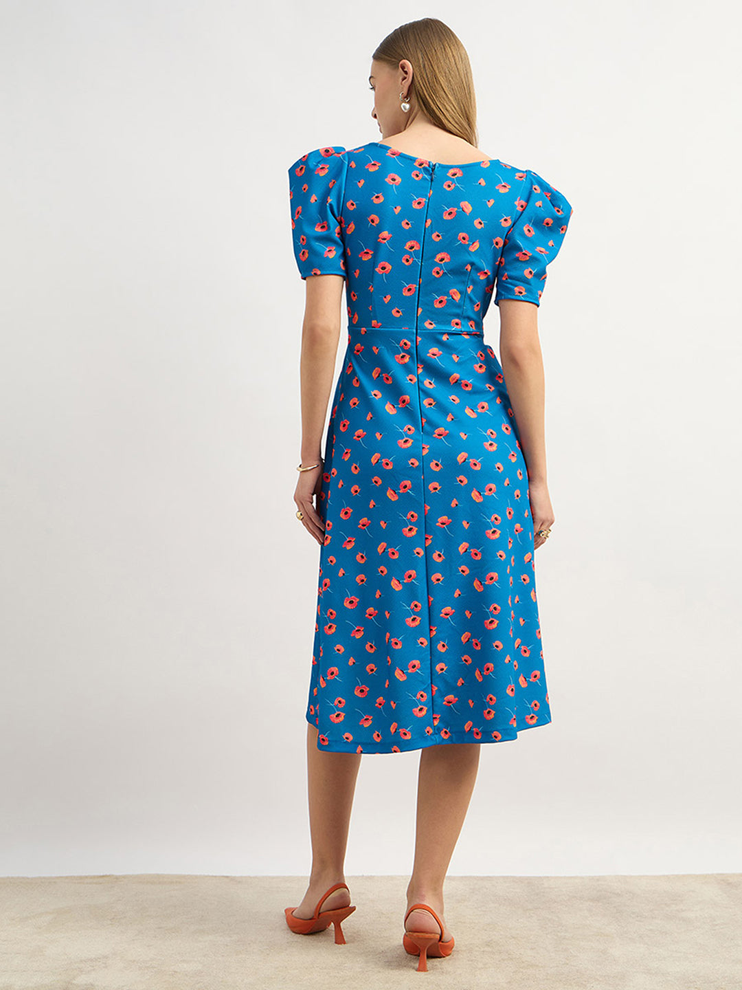 Women's Multicolored-Base-Blue V-Neck Pleated Puff Sleeve Floral Patterned Wrap Midi Polyester Dress