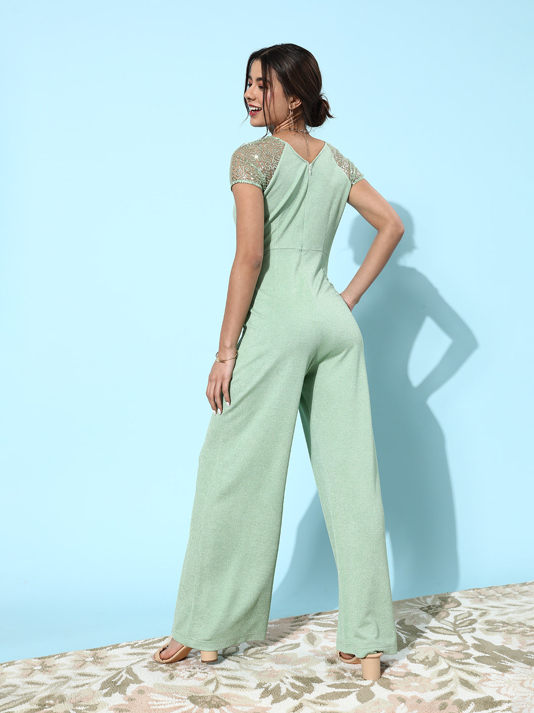 Crease Ease Women's Mint Square Sheer Sleeves Sequined Ruching Party Jumpsuit