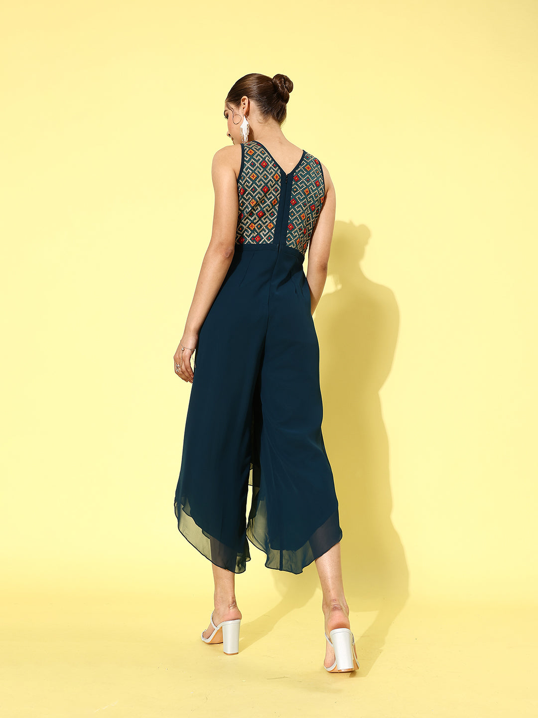 Women's Multicolored- Base- Teal Round Neck Sleeveless Embroidered Regular Jumpsuit