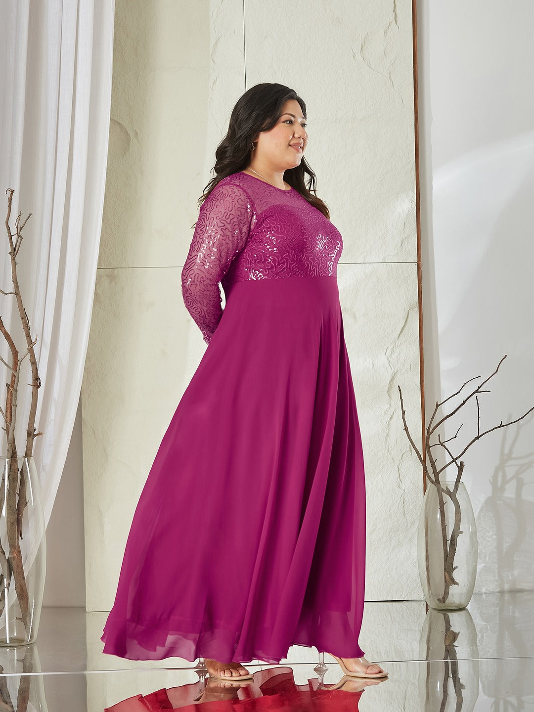 Ruby Pink Solid Embellished Maxi Dress for Women