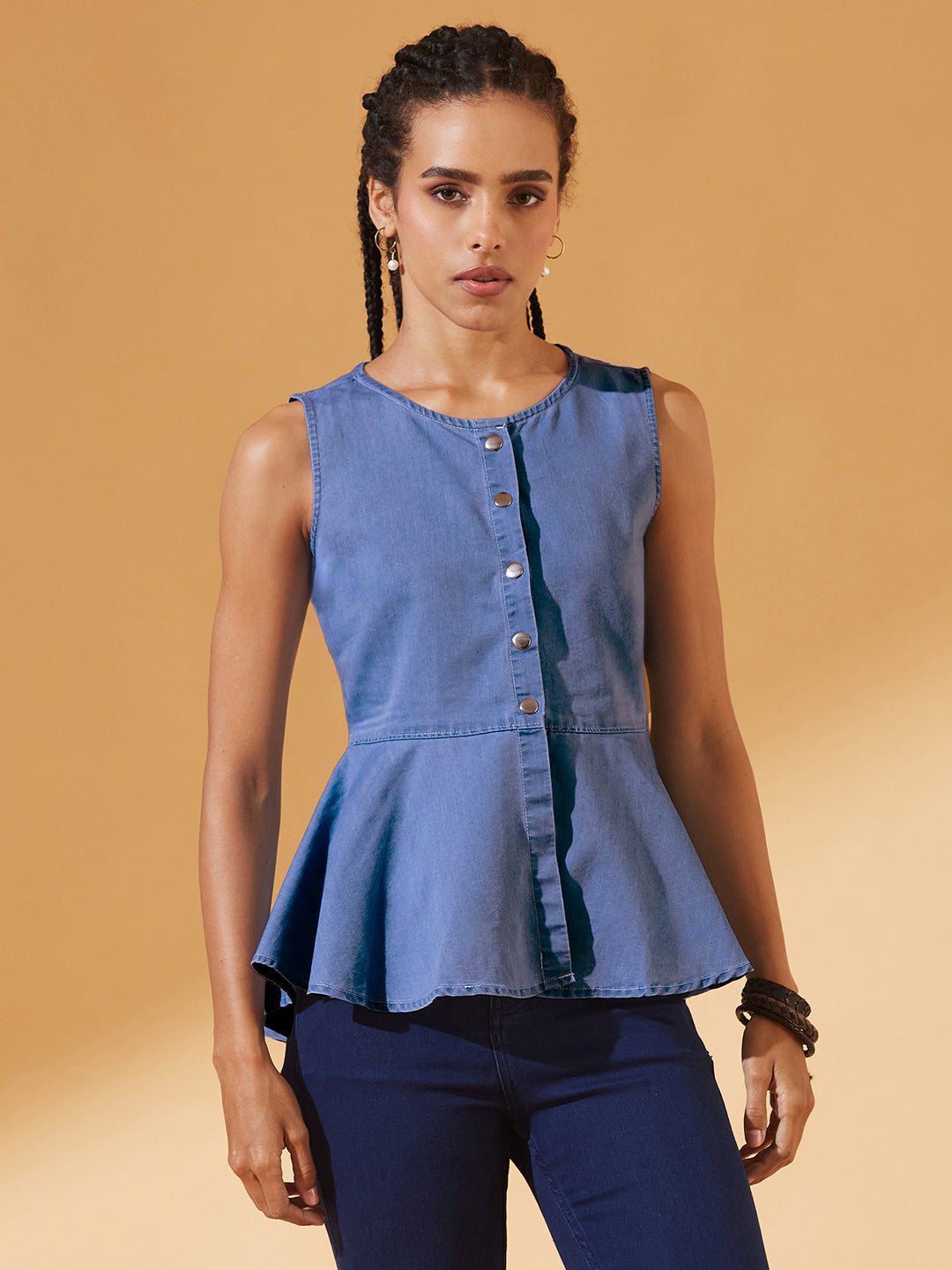 Blue Round Neck Sleeveless Denim Front Open Solid Hooded Peplum Top for Women