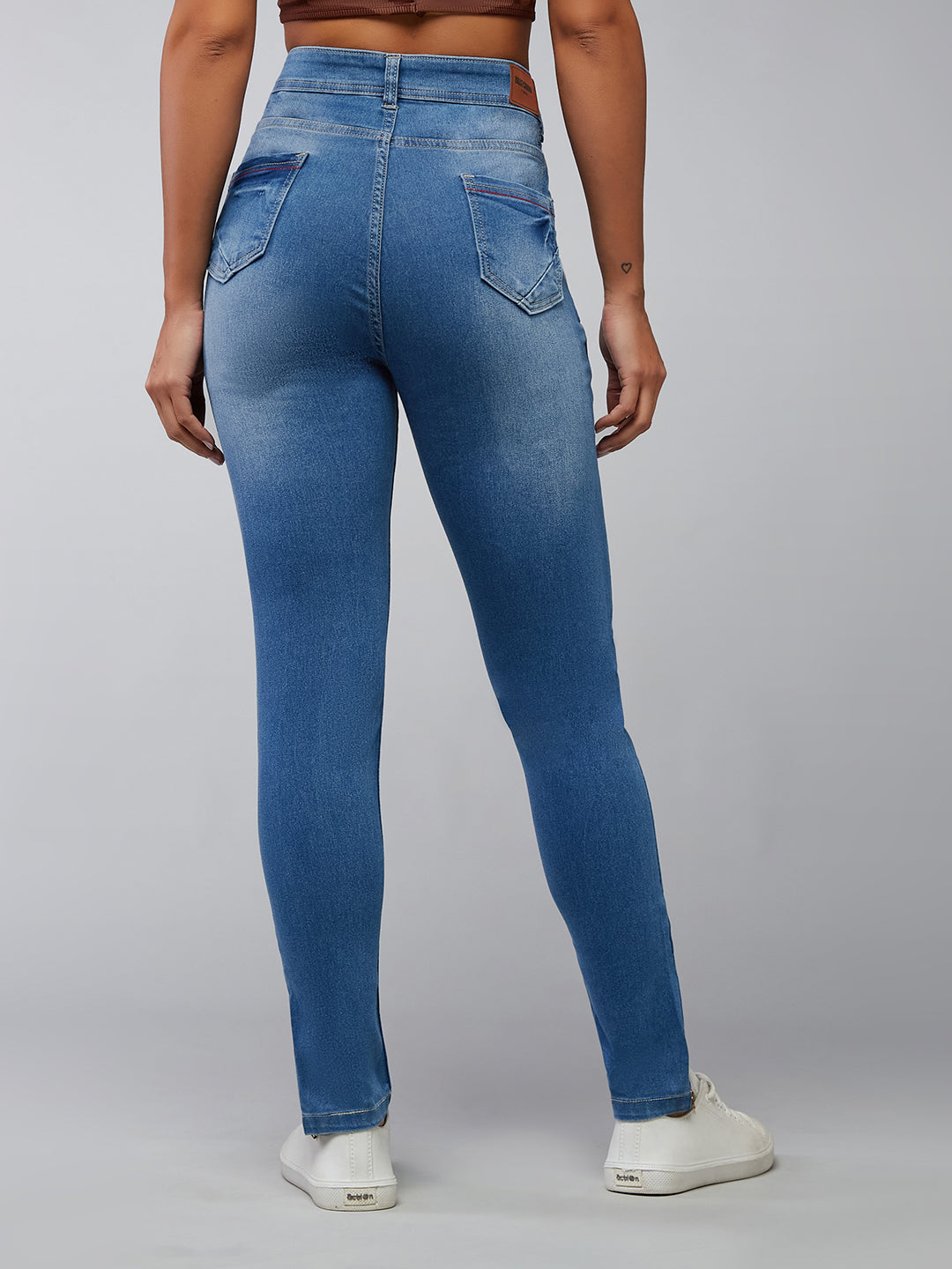 Women's Blue Skinny Fit High Rise Clean Look Regular Length Zipper Detailing Scraped Stretchable Denim Jeans