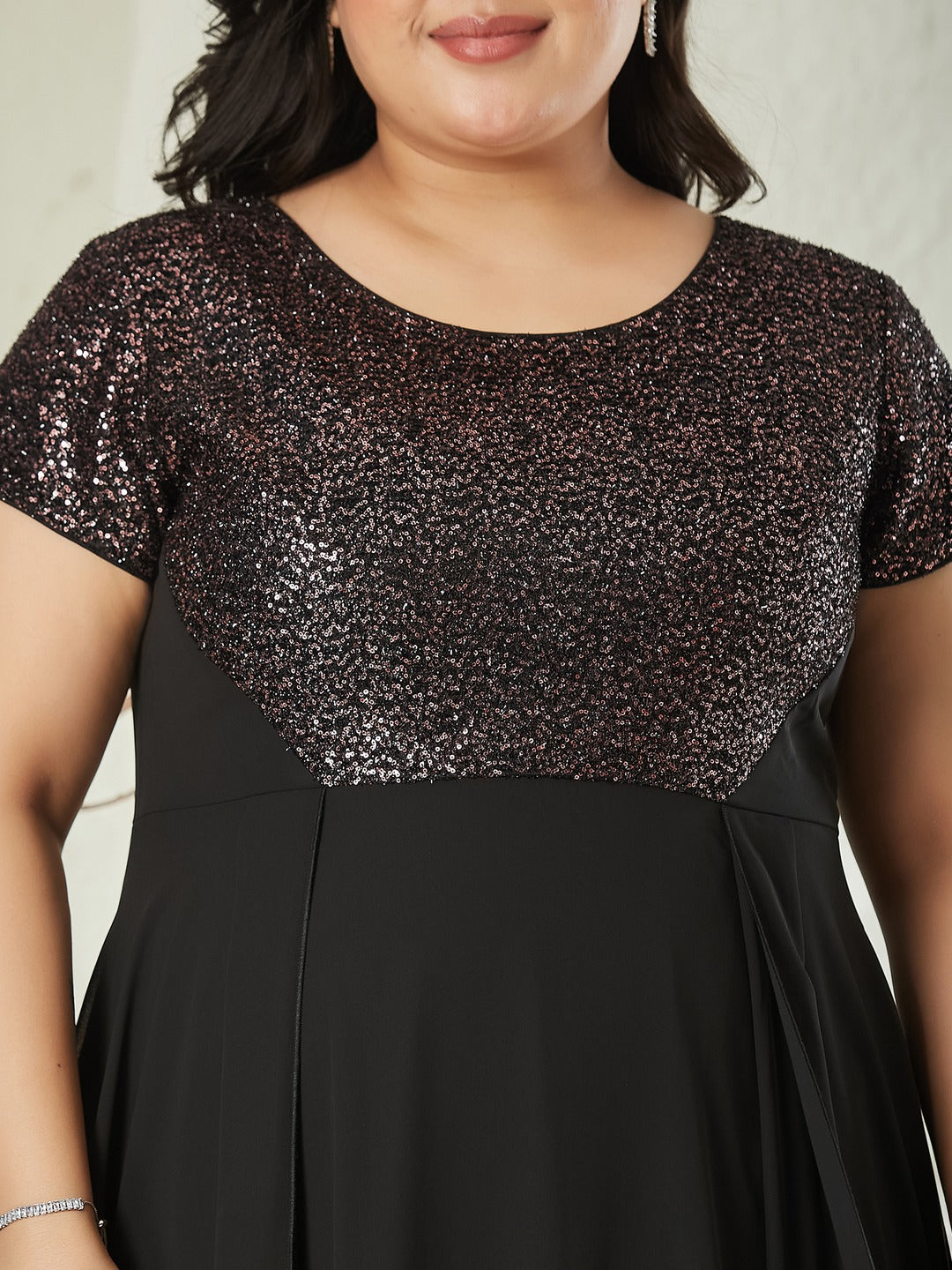 Black Round Neck Short Sleeve Embellished Fit & Flare Maxi Georgette Dress for Women