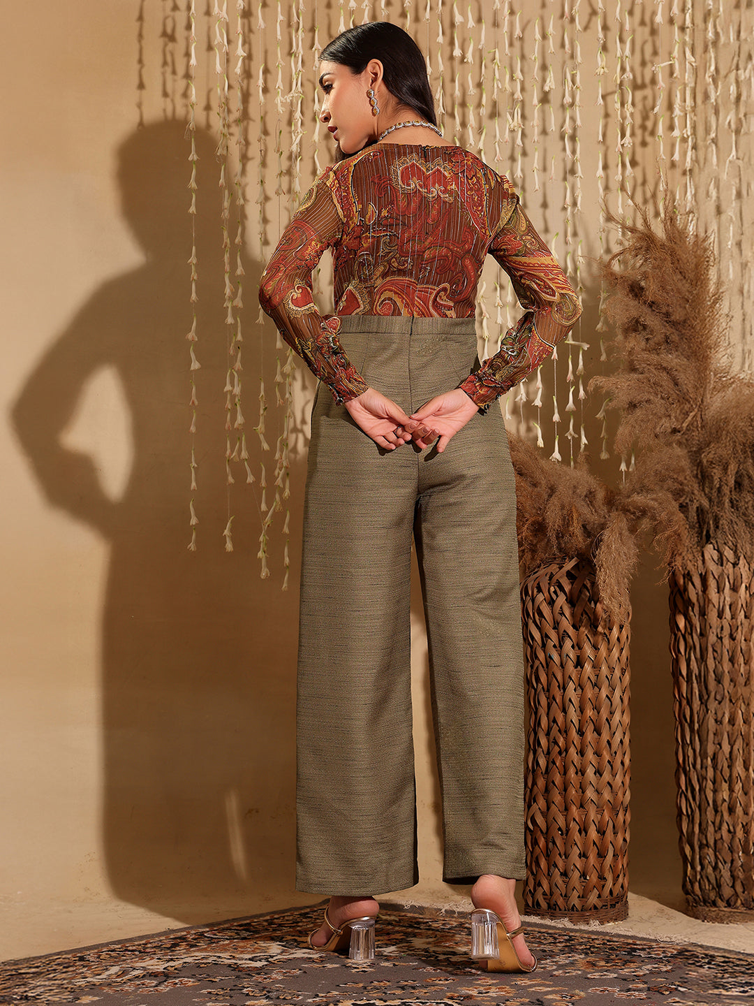 Women's Multicolored V-Neck Bishop Sleeve Bohemian Patterned Straight Leg Wrap Regular Silk Jumpsuit