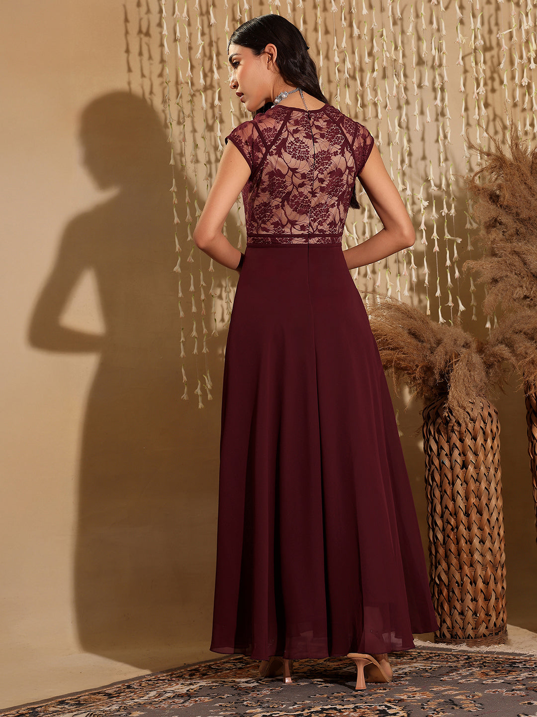 Women's Wine & Beige Floral V - Neck Cap Short Sleeves Lace Overlaid Fit & Flare Paneled Maxi Dress