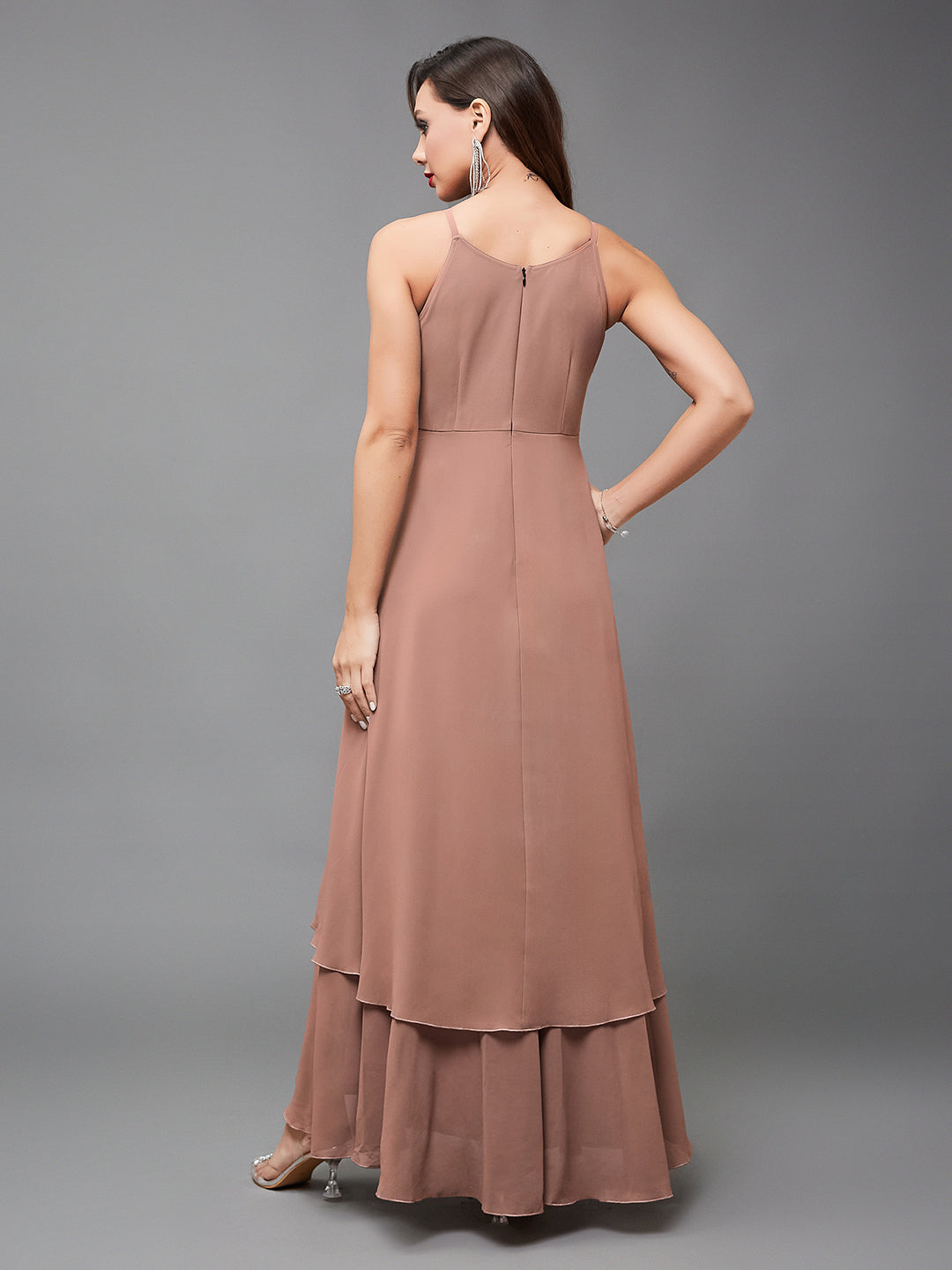 Women's Multicolored-Base-Dusty Peach Halter Neck Sleeveless Embellished Layered Georgette Maxi Dress