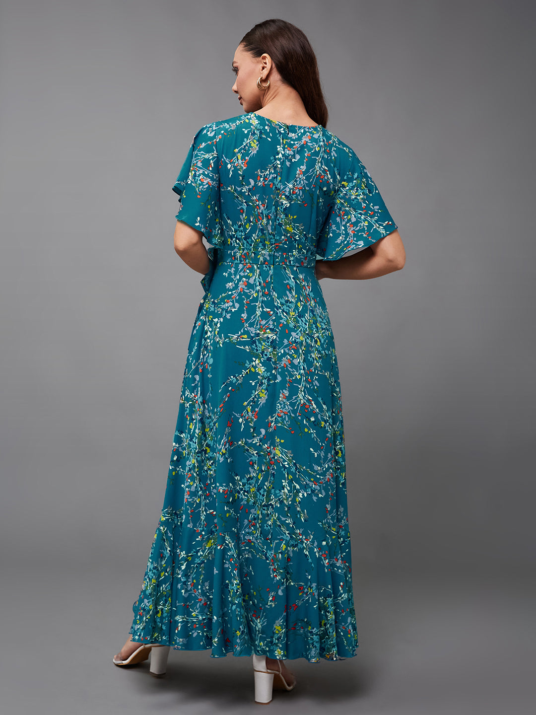 Women's Multicolored-Base-Turquoise V-Neck Half Sleeve Floral Wrap Crepe Maxi Dress