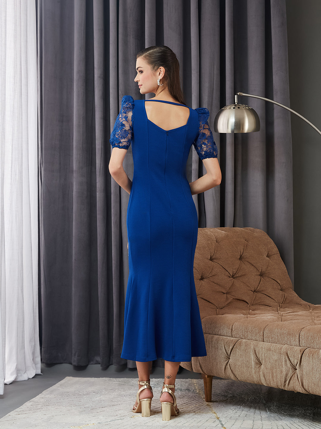 Women's Royal Blue Square Neck Puff Sleeve Self Design Lace Overlaid Ankle Length Dress