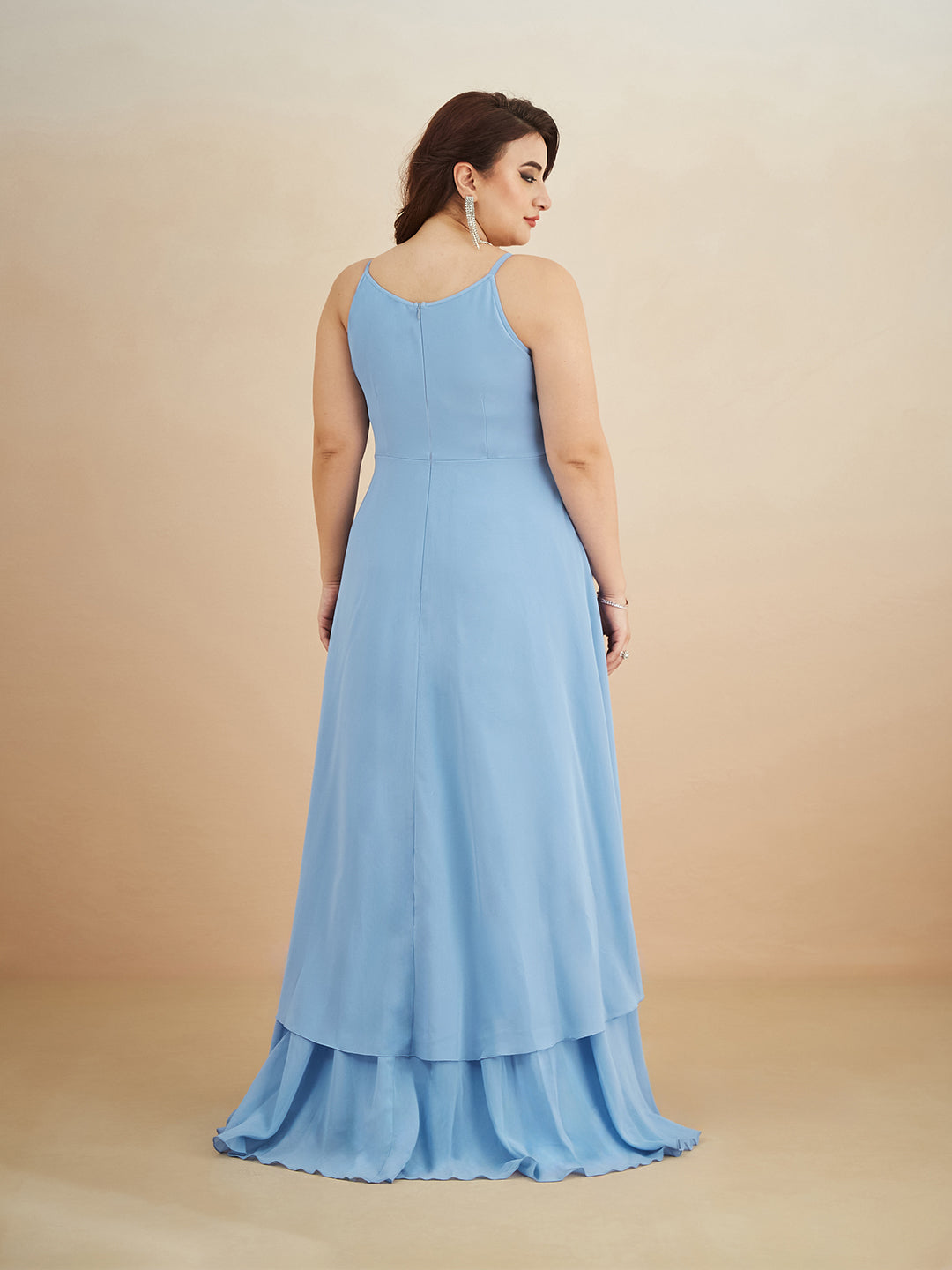 Powder Blue Halter-Neck Sleeveless Embroidered Layered Georgette Maxi Dress for Women — Miss Chase A+