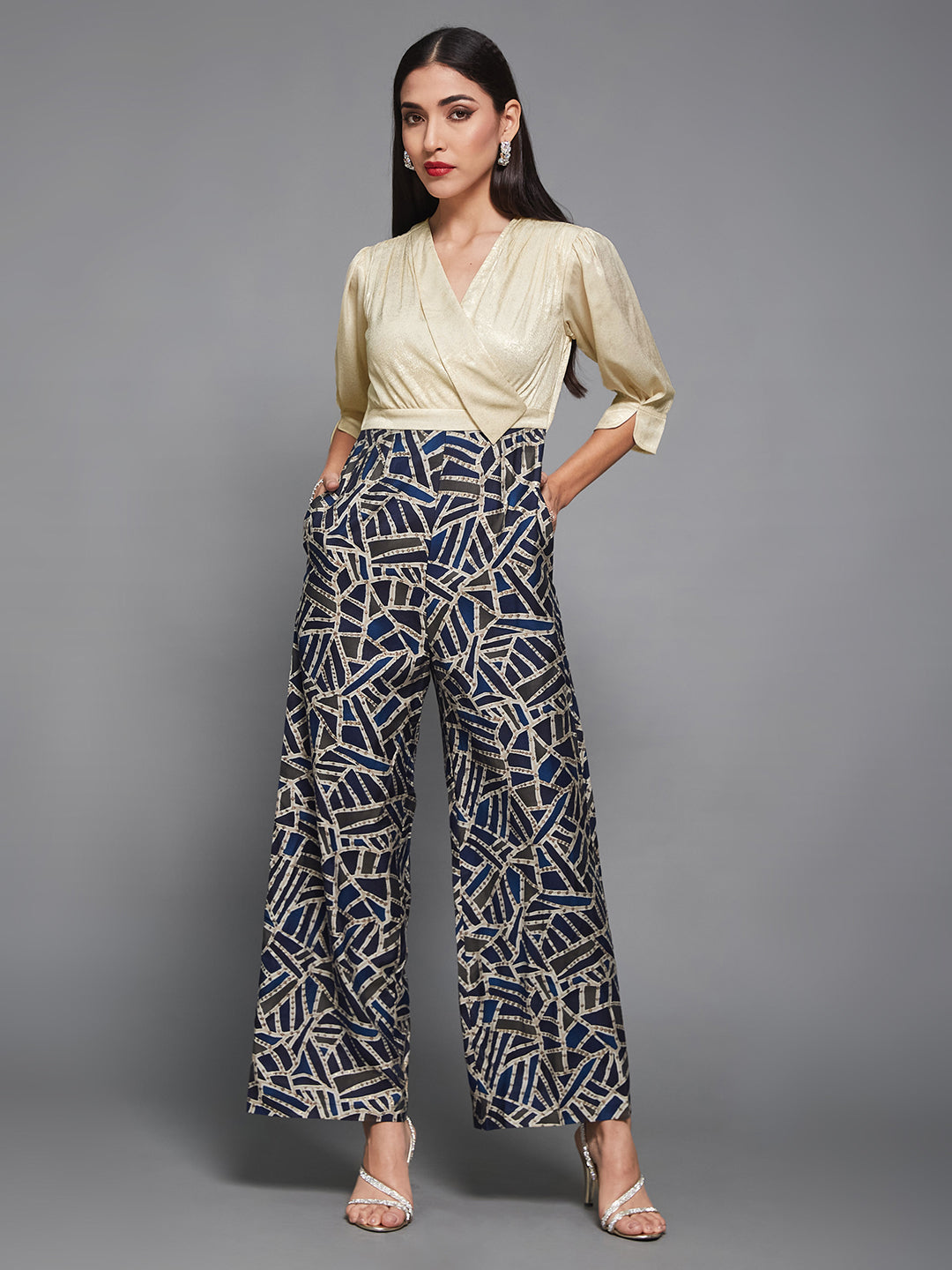 Cream Asymmetric Shawl-Collar 3/4 Sleeve Geometric Regular Jumpsuit for Women