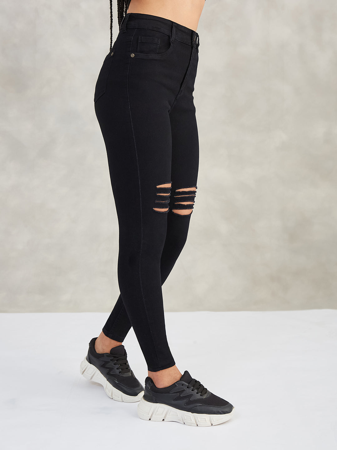 Women's Black Slim-Fit High-Rise Mild-Distress Ripped Denim Stretchable Jeans