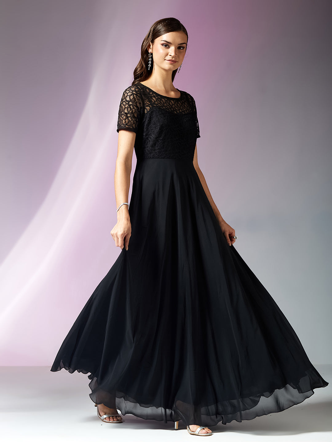 Black Short Sleeves Lace Fit and Flare Maxi Dress for Women — Miss Chase