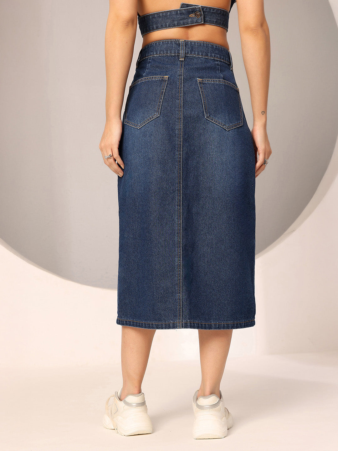 Dark Blue A-Line High-Rise Clean-Look Non-stretchable Denim Midi Skirt for Women