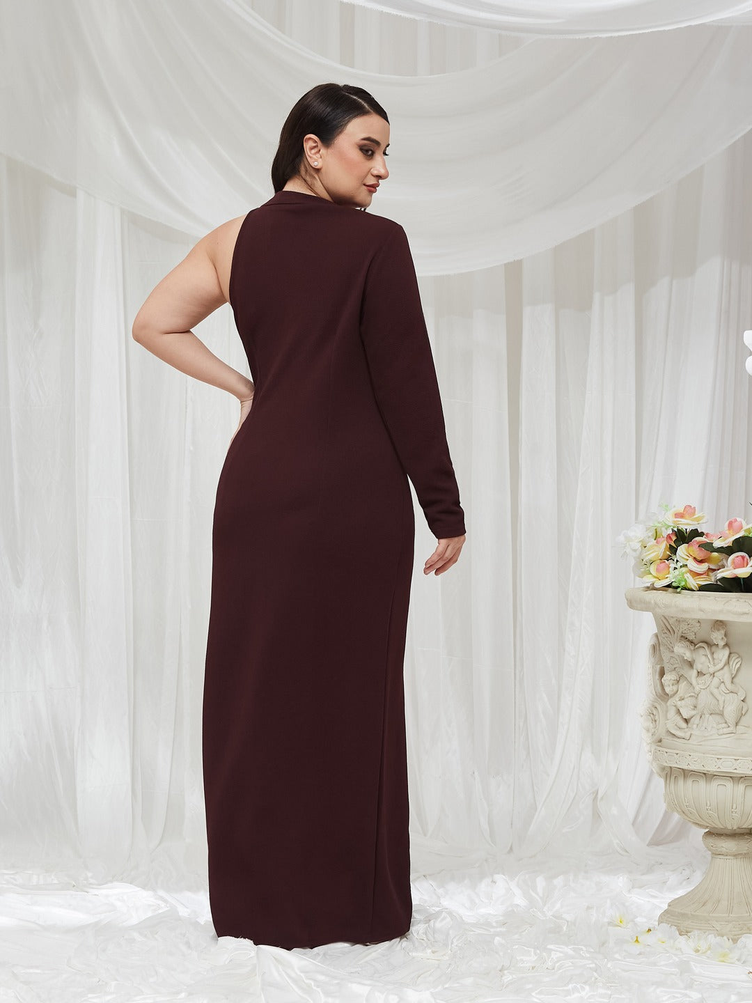 Wine V Neck Asymmetric Sleeve Embellished Blazer Maxi Dress for Women — Miss Chase A+