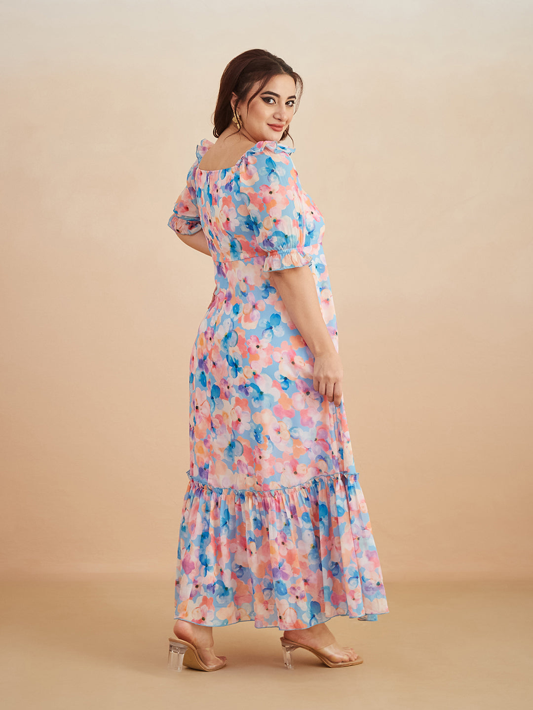 Multicolored-Base-Sky Blue V-Neck Puff Sleeve Floral Ruching Ankle-Length Dress for Women