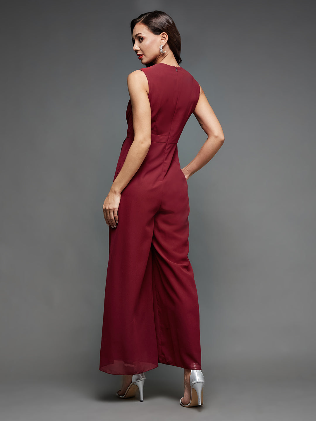 Women's Cocktail Maroon V-Neck Sleeveless Sequined Party Wrap Jumpsuit