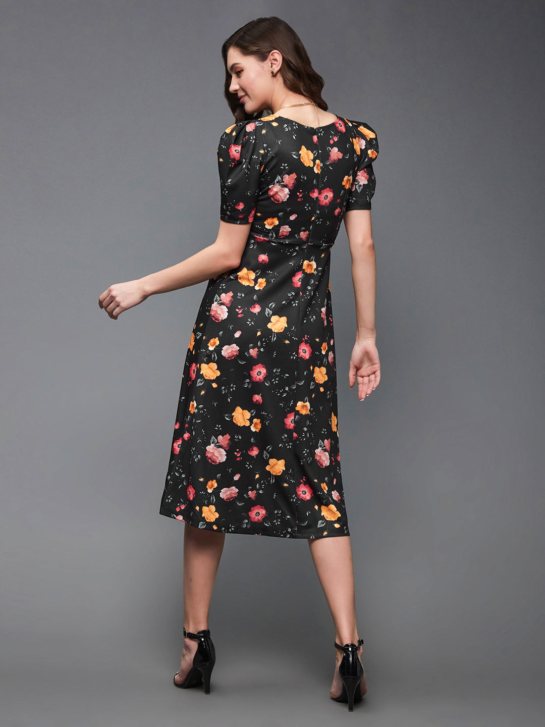 Crease Ease Women's Multicolored-Base-Black V-Neck Pleated Puff Sleeve Floral Patterned Wrap Midi Polyester Dress