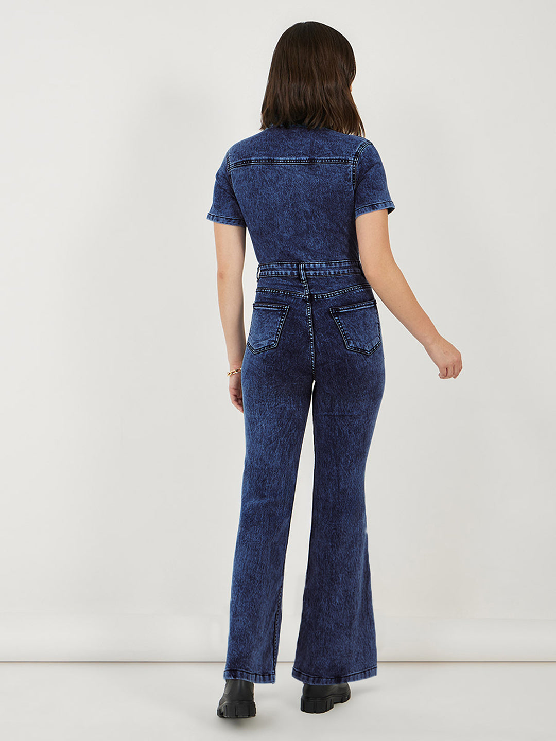 Women's Black Flared High-Rise Stretchable Denim Jumpsuit