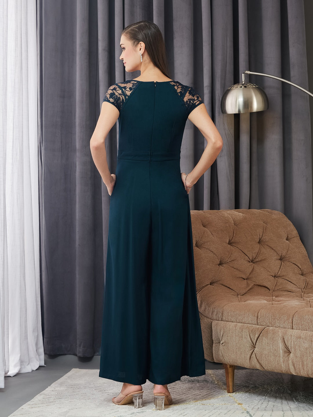 Teal and Beige Sweetheart Neck Raglan Sleeve Floral Lace Overlaid Jumpsuit for Women for Women