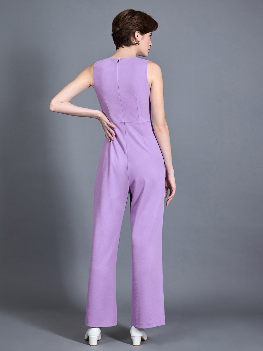Women's Light Lavender V-Neck Sleeveless Solid Wrap Regular Length Jumpsuit