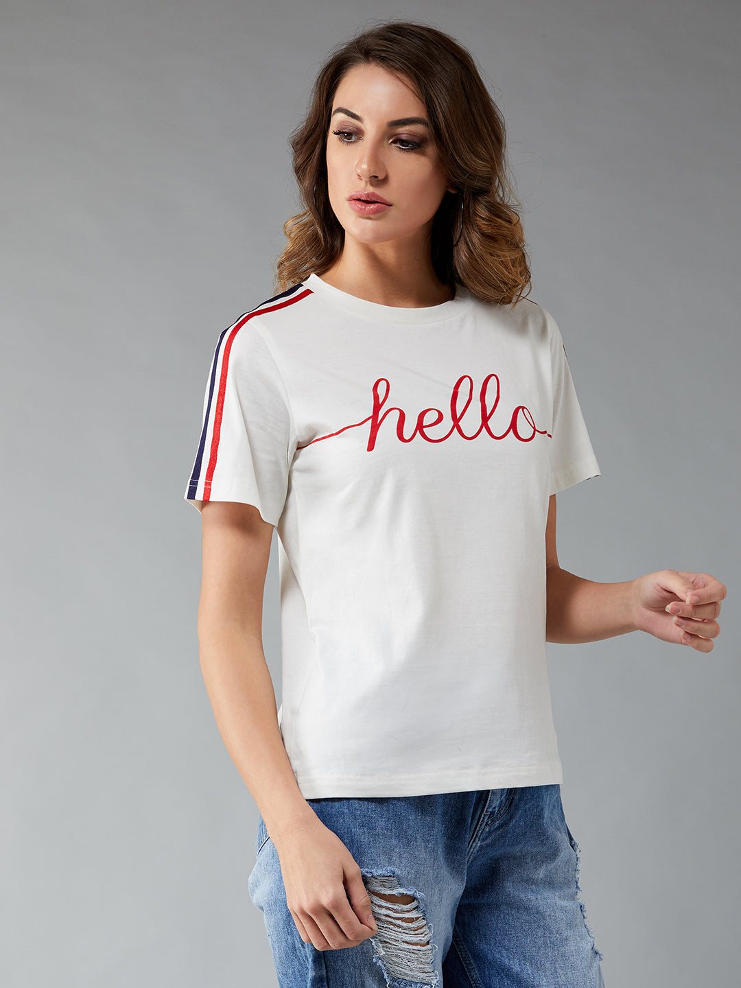 Women's White Round Neck Half Sleeve Printed Basic Regular T-Shirt