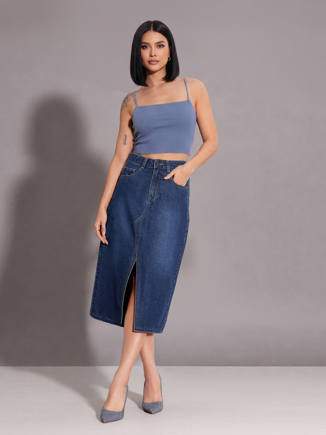 Dark Blue A-Line High-Rise Non-stretchable Denim Midi Skirt for Women