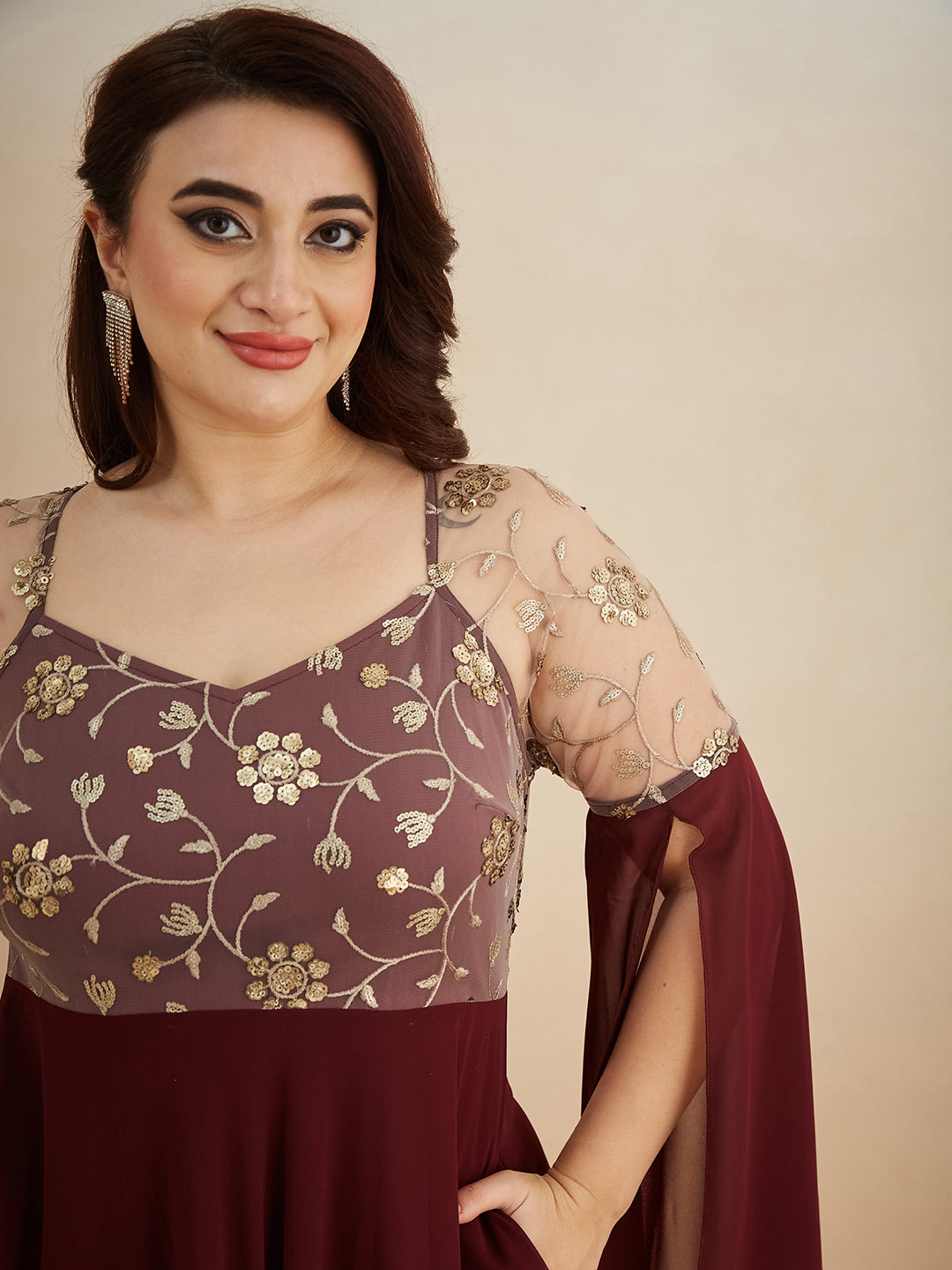 Wine V-Neck Flared Long sleeve Embroidered Fit & Flare Maxi Dress for Women