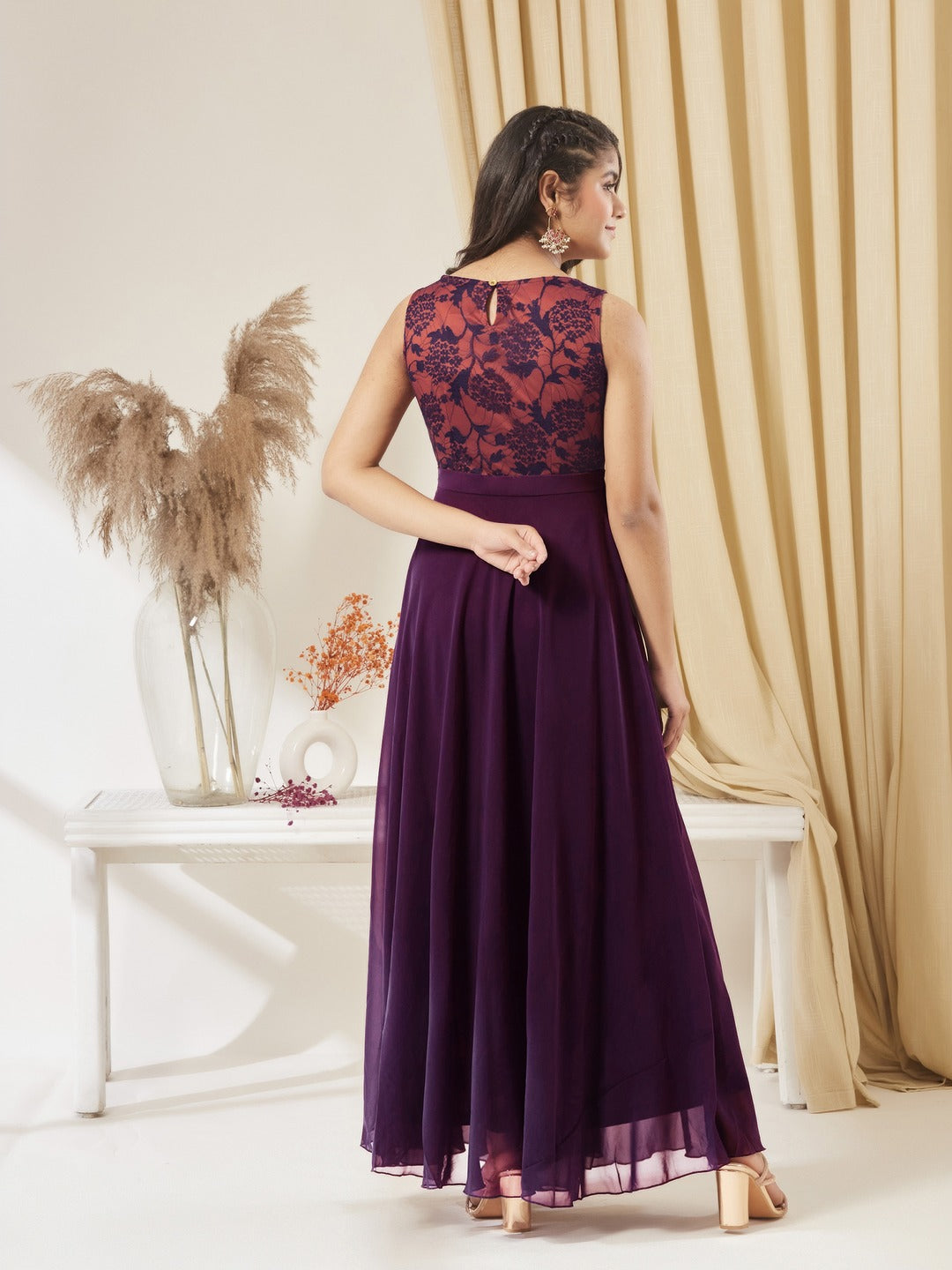 Dark Purple Round Neck Sleeveless Georgette & Lace Floral Fit & Flare Maxi Dress for Girls/Teenagers