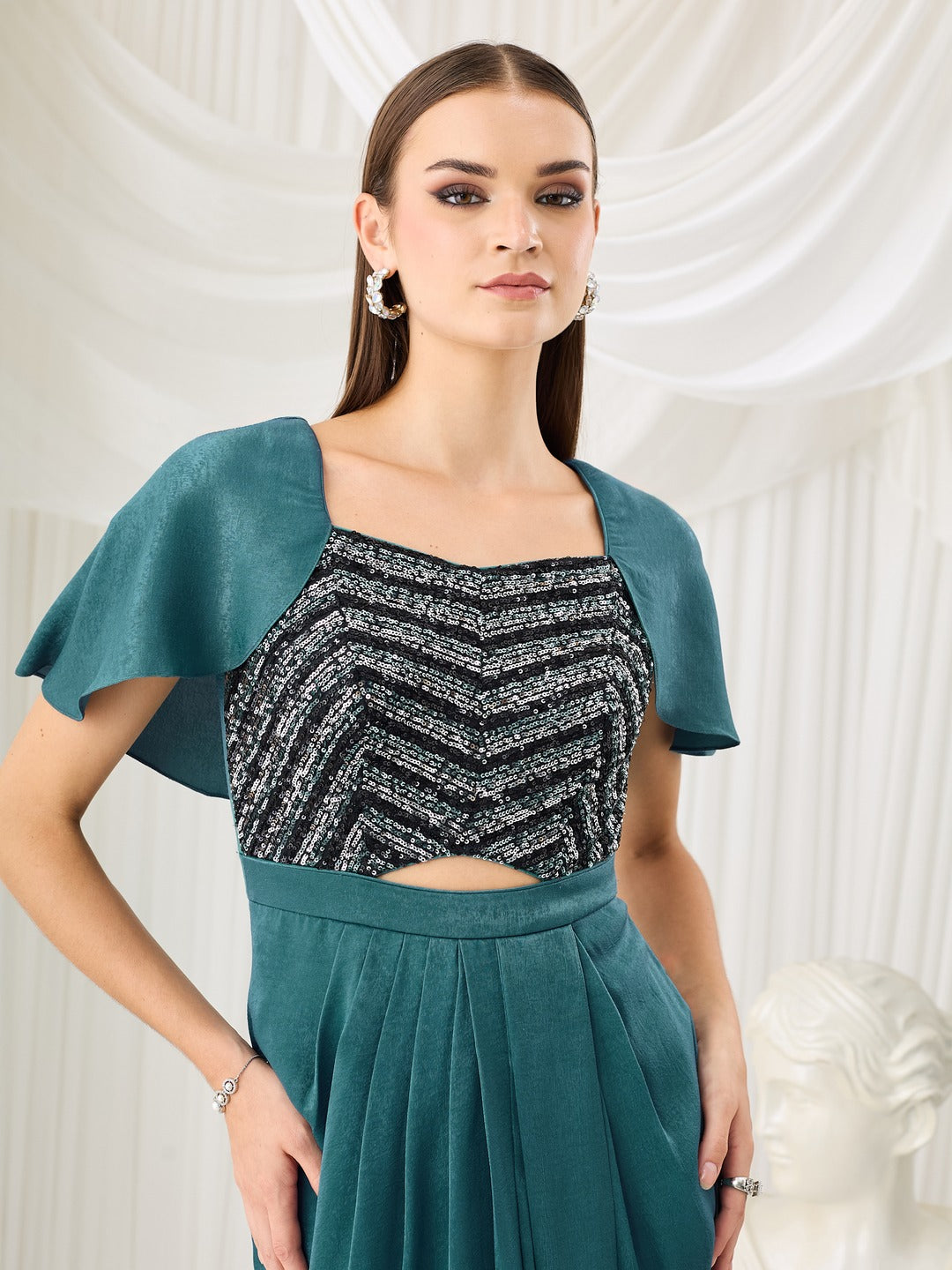 Teal Sweetheart Cape Embellished Draped Satin Maxi Dress for Women