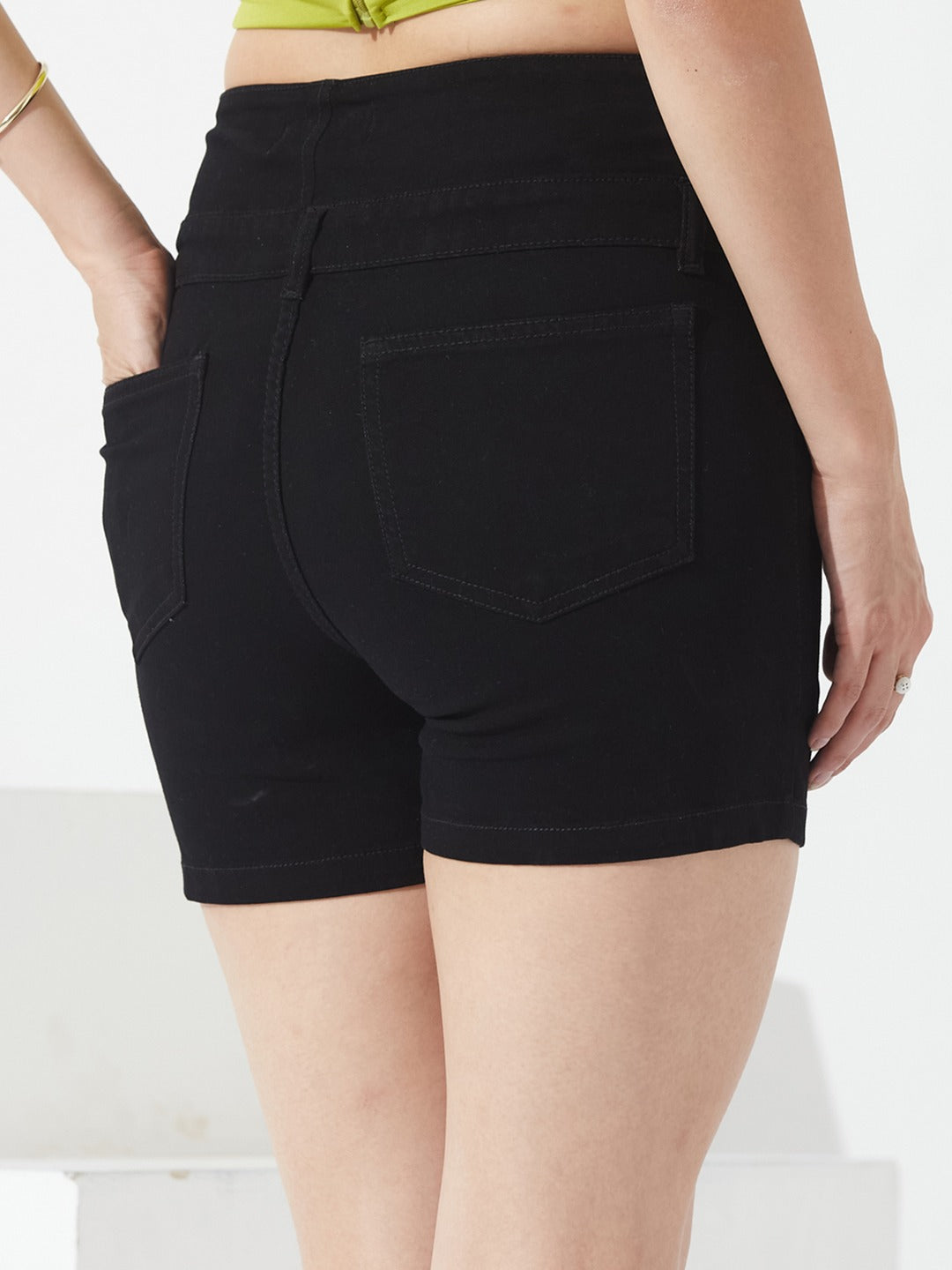 Black Regular-Fit High-Rise Stretchable Denim Shorts for Women