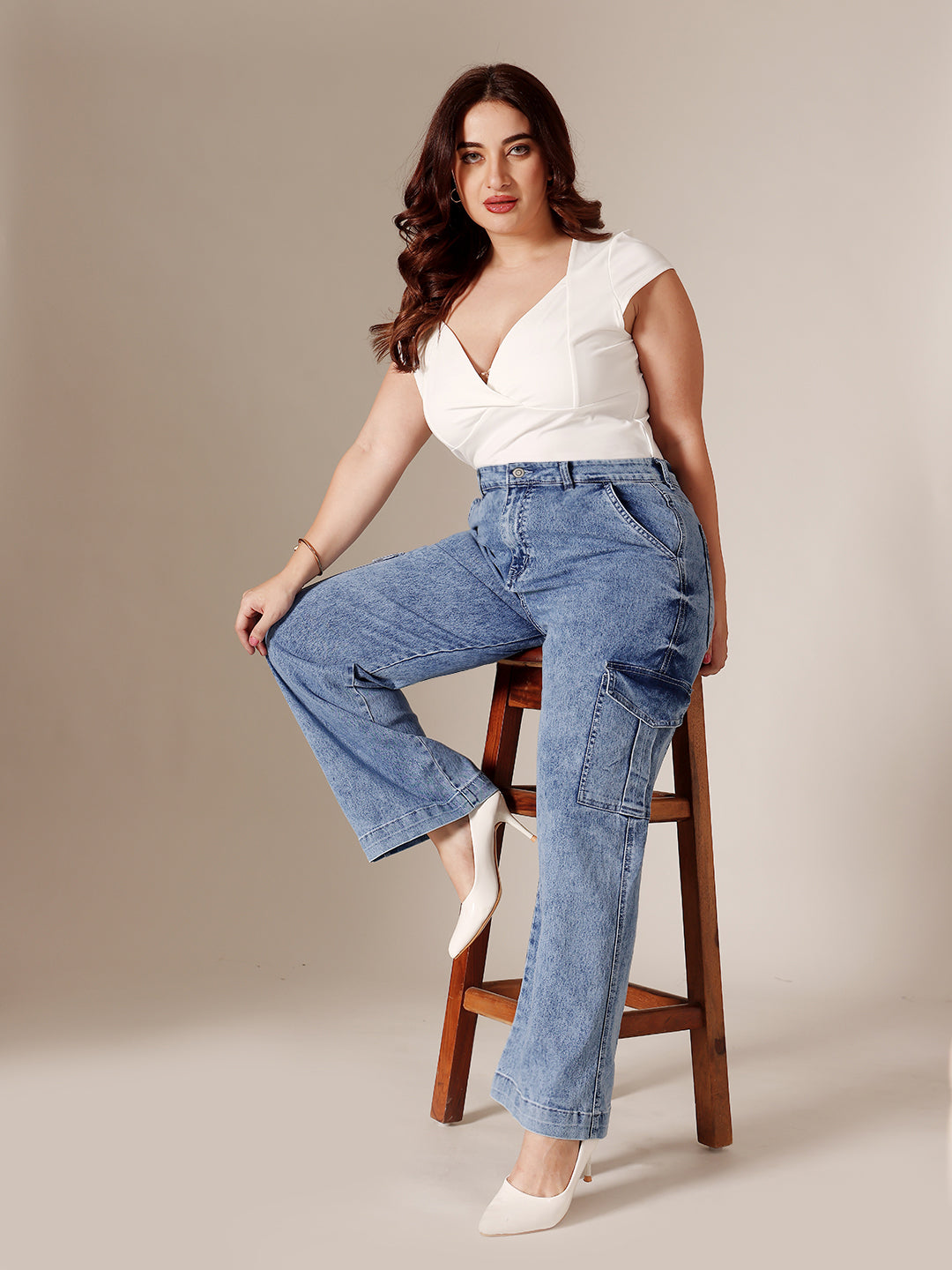24/7 Comfort Mid Blue Wide-Leg High-Rise Clean-Look Regular-Length Stretchable Flared Cargo Style Denim Jeans for Women