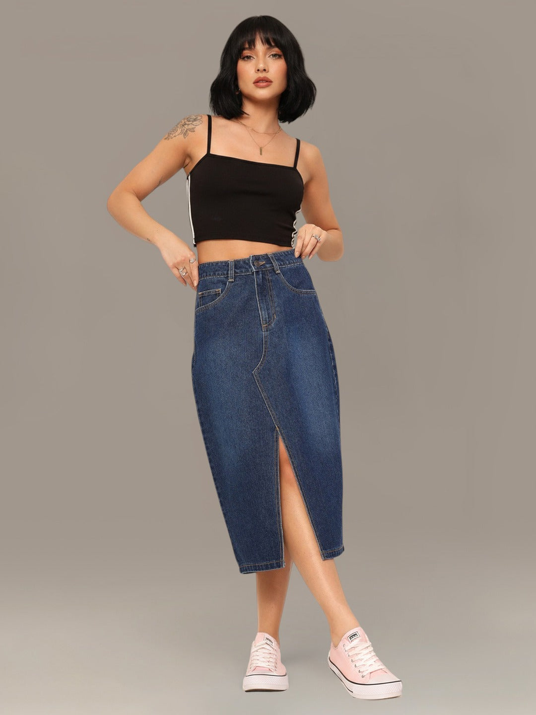 Dark Blue A-Line High-Rise Non-stretchable Denim Midi Skirt for Women