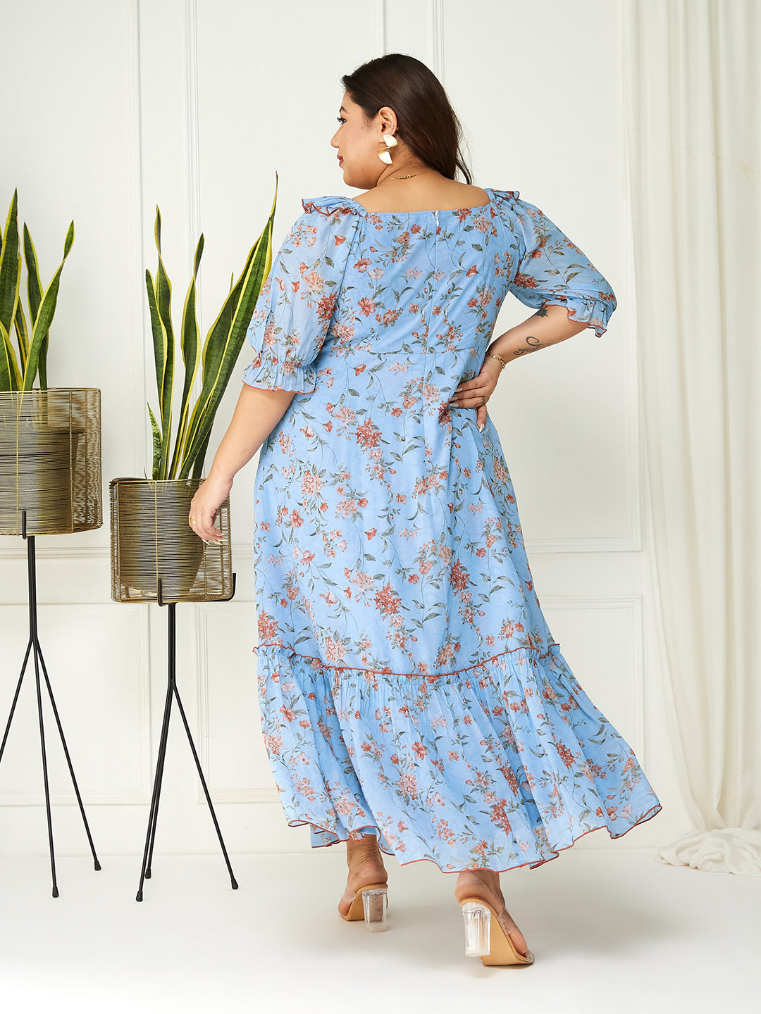 Women's Multicolored-Base-Powder Blue V-Neck Puff Sleeve Floral Ruching Ankle-Length Dress