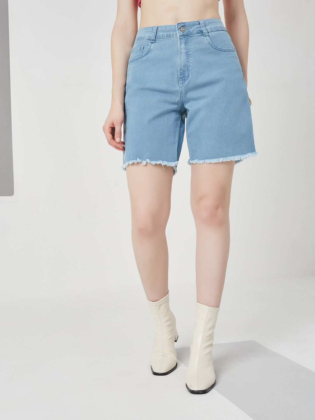 Light Blue Regular high-rise Above Knee Stretchable Denim Shorts for Women